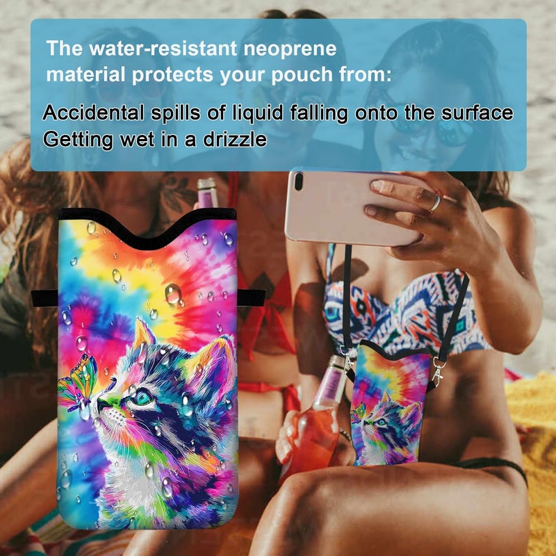 otilil Neoprene Cell Phone Sleeve Pouch Case Bag with Crossbody Strap Neck Lanyard for Women 7.1 X 3.9 in Tie Dye Cat - Image 4